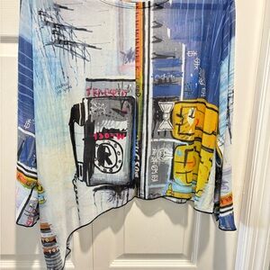 SHANA Abstract Graphic Long-Sleeve Ladies Tee in Blue and Yellow
